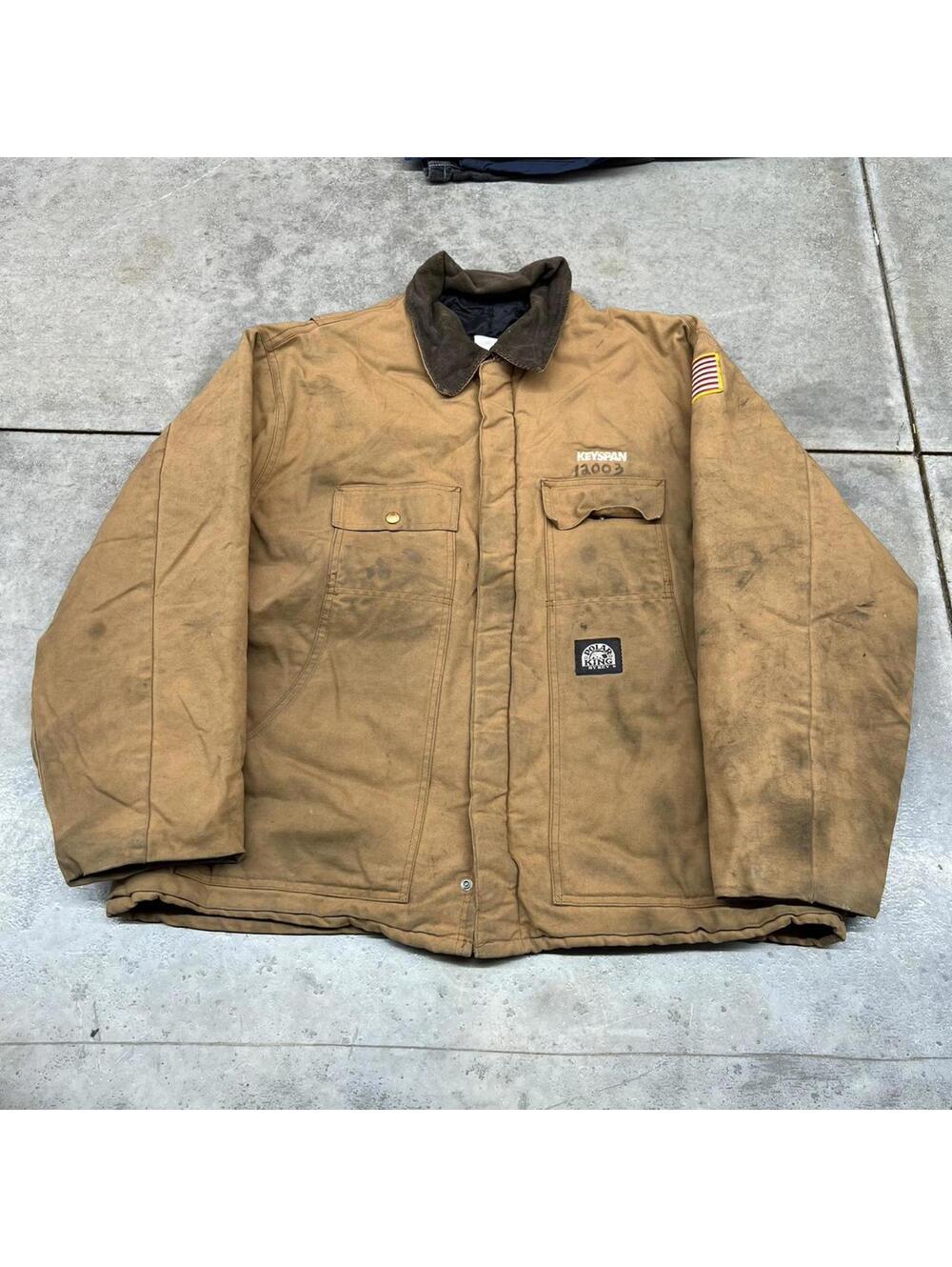 vintage tan zip up heavyweight american flag workwear jacket size xl